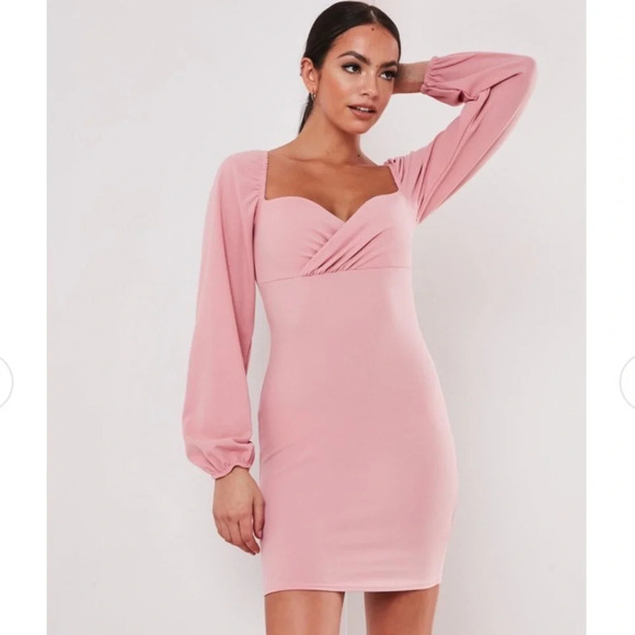 NWT MISSGUIDED Blush Sweetheart Neck Long Sleeve Mini Dress - Picture 1 of 3